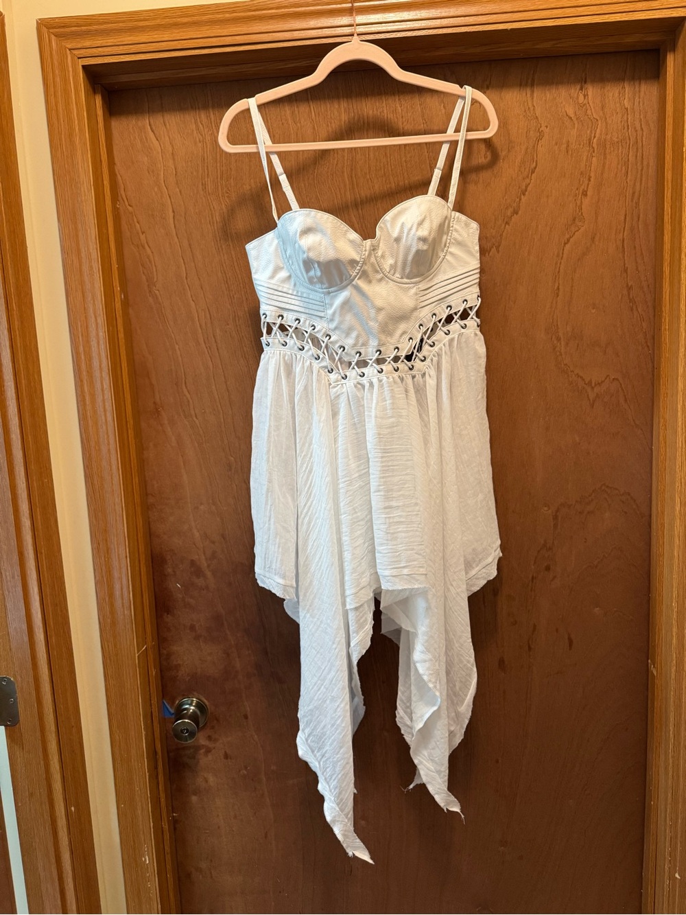 White Lace-Up Handkerchief Hem Slip Dress with Corset Bodice